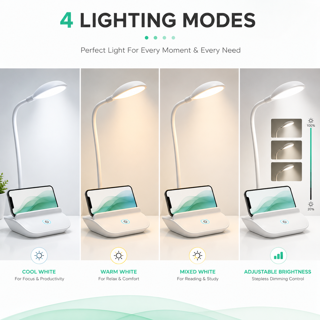 LED desk lamp with cool white, warm white, mixed light, and adjustable brightness modes.