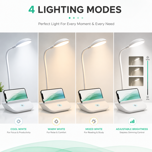 LED desk lamp with cool white, warm white, mixed light, and adjustable brightness modes.