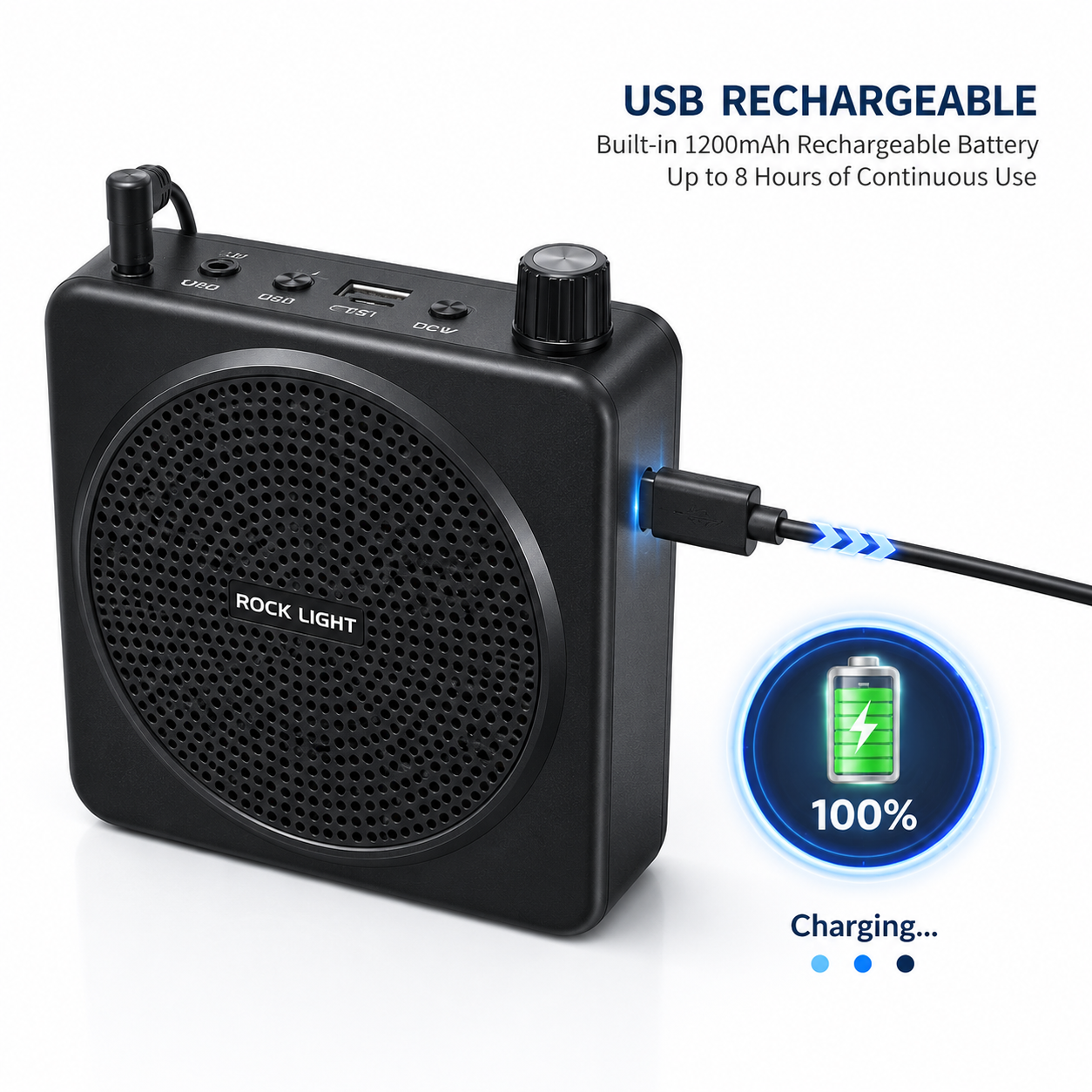Portable rechargeable voice amplifier connected to a USB charging cable, highlighting the built-in 1200mAh battery with up to 8 hours of continuous use, ideal for classrooms, tours, and presentations.