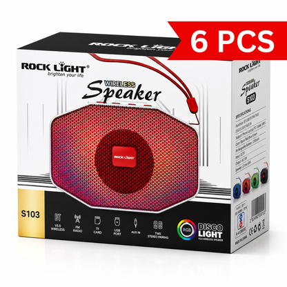 Portable Bluetooth speaker retail box featuring RGB disco light, Bluetooth 5.0, FM radio, USB, TF card, AUX input and TWS stereo pairing with premium packaging.
