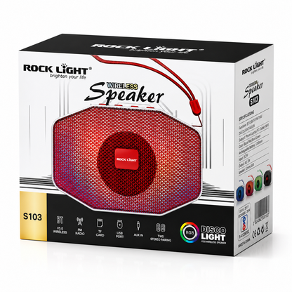 Portable Bluetooth speaker retail box featuring RGB disco light, Bluetooth 5.0, FM radio, USB, TF card, AUX input and TWS stereo pairing with premium packaging.