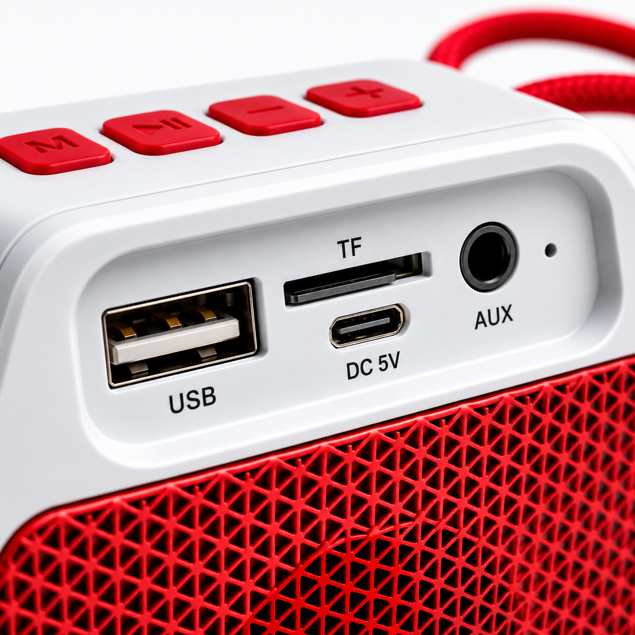 Rear connectivity ports of a portable Bluetooth speaker showing USB port, TF card slot, DC 5V charging port, AUX input and top control buttons.