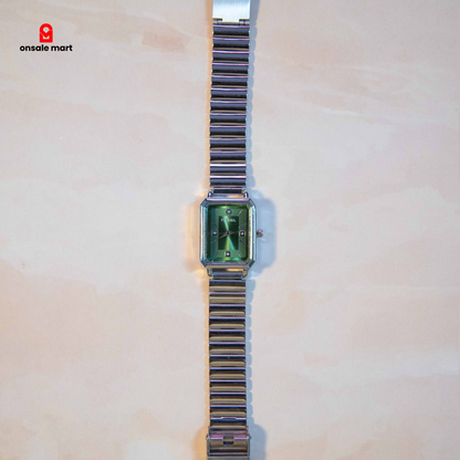 Rectangular analog watch featuring green dial and silver-tone steel chain strap.