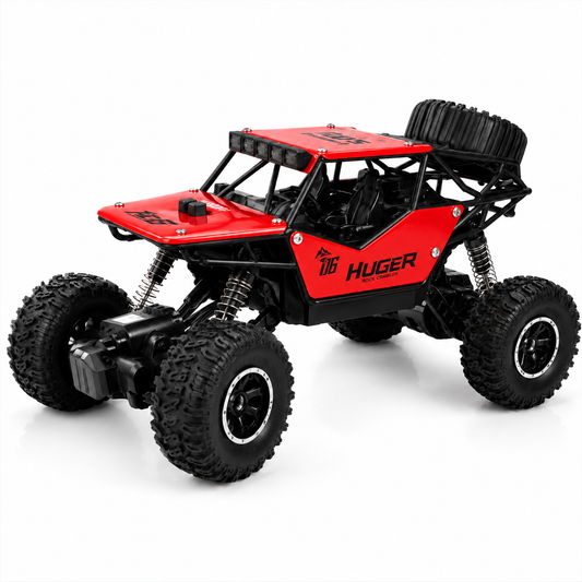 RC rock crawler with oversized off-road tyres and die-cast metal body.