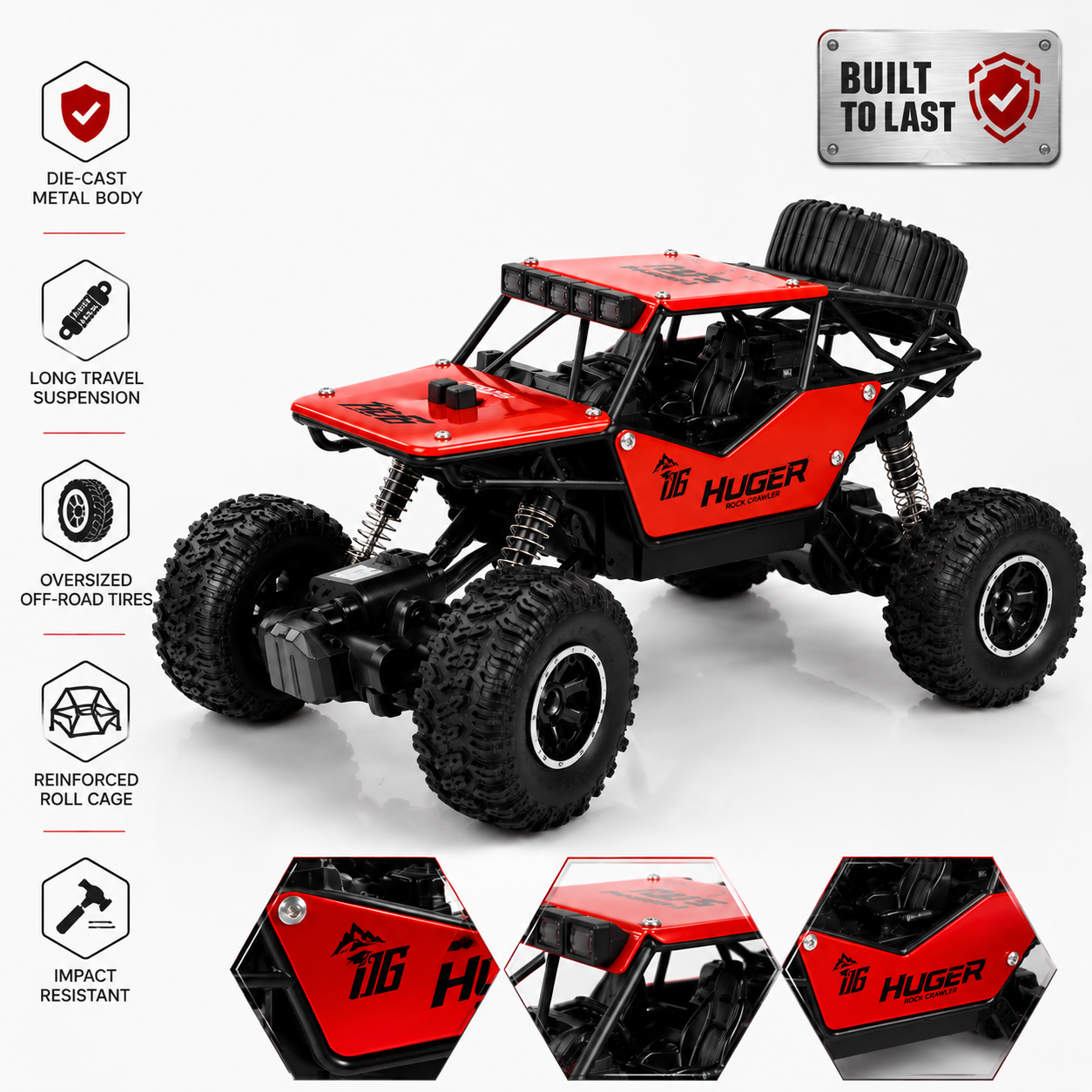RC rock crawler with a die-cast metal body, oversized off-road tyres and long-travel suspension.