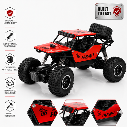 RC rock crawler with a die-cast metal body, oversized off-road tyres and long-travel suspension.