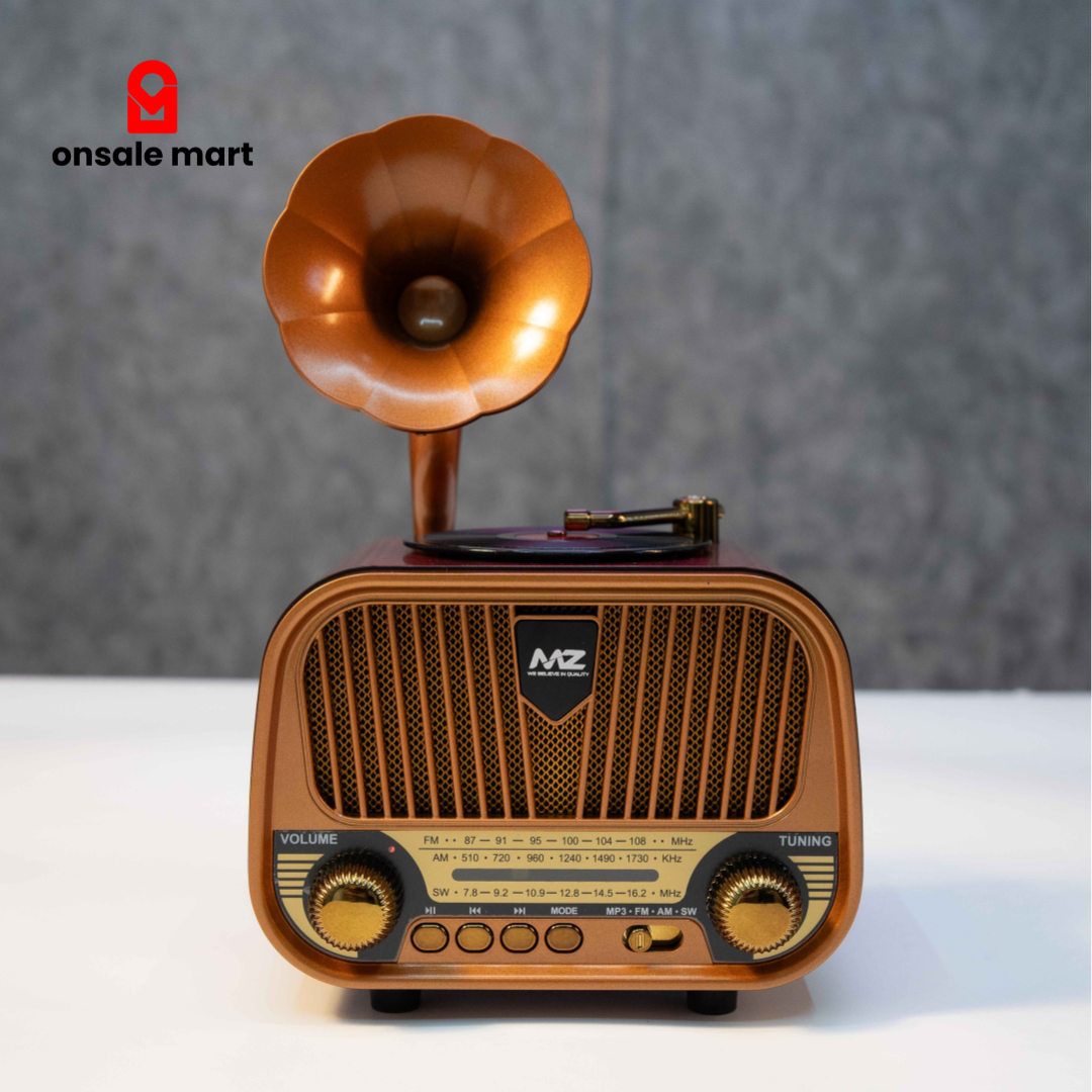 Retro design portable wireless speaker with gramophone style horn and front speaker grille.