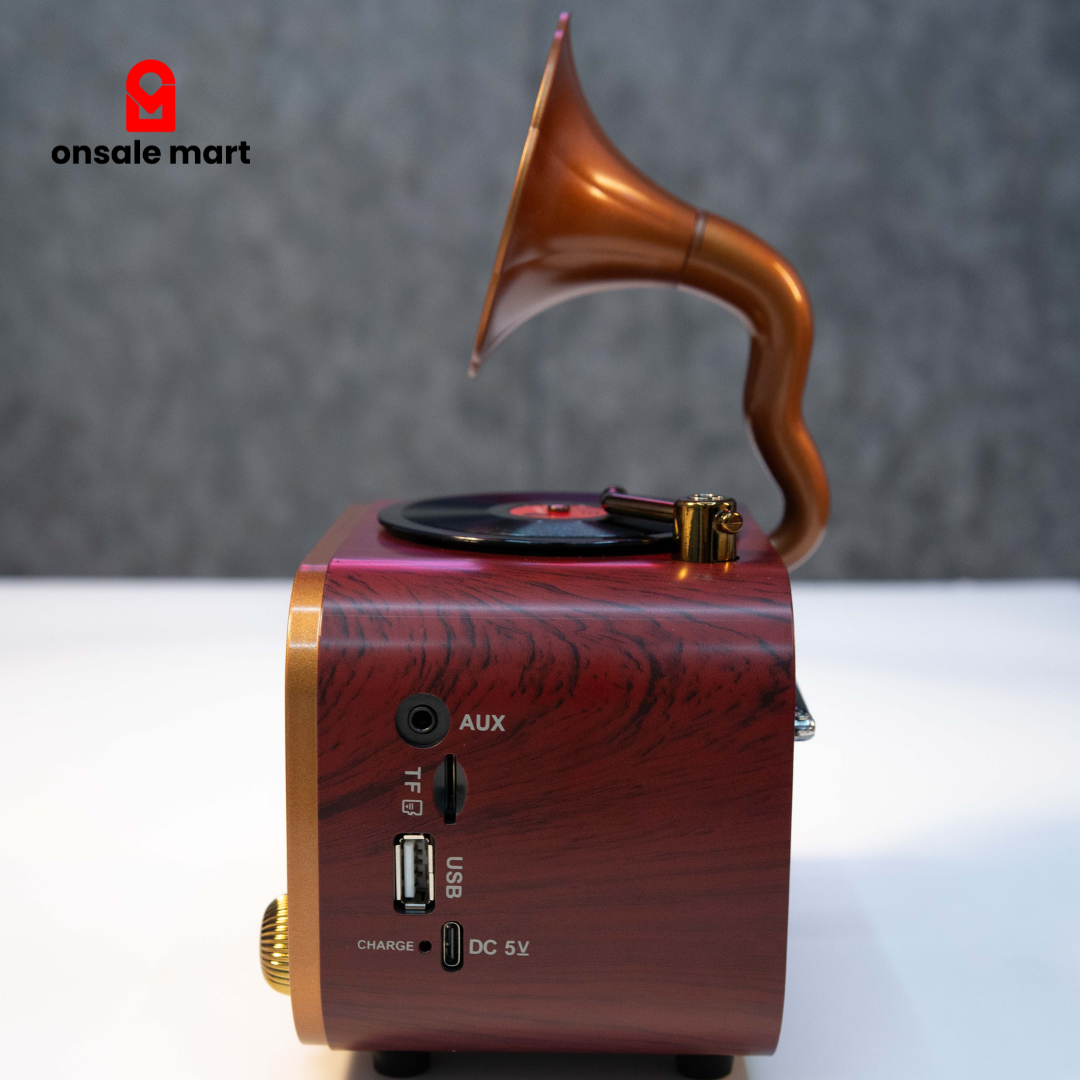 Portable retro wireless speaker showing AUX, USB and TF card input ports on side panel.