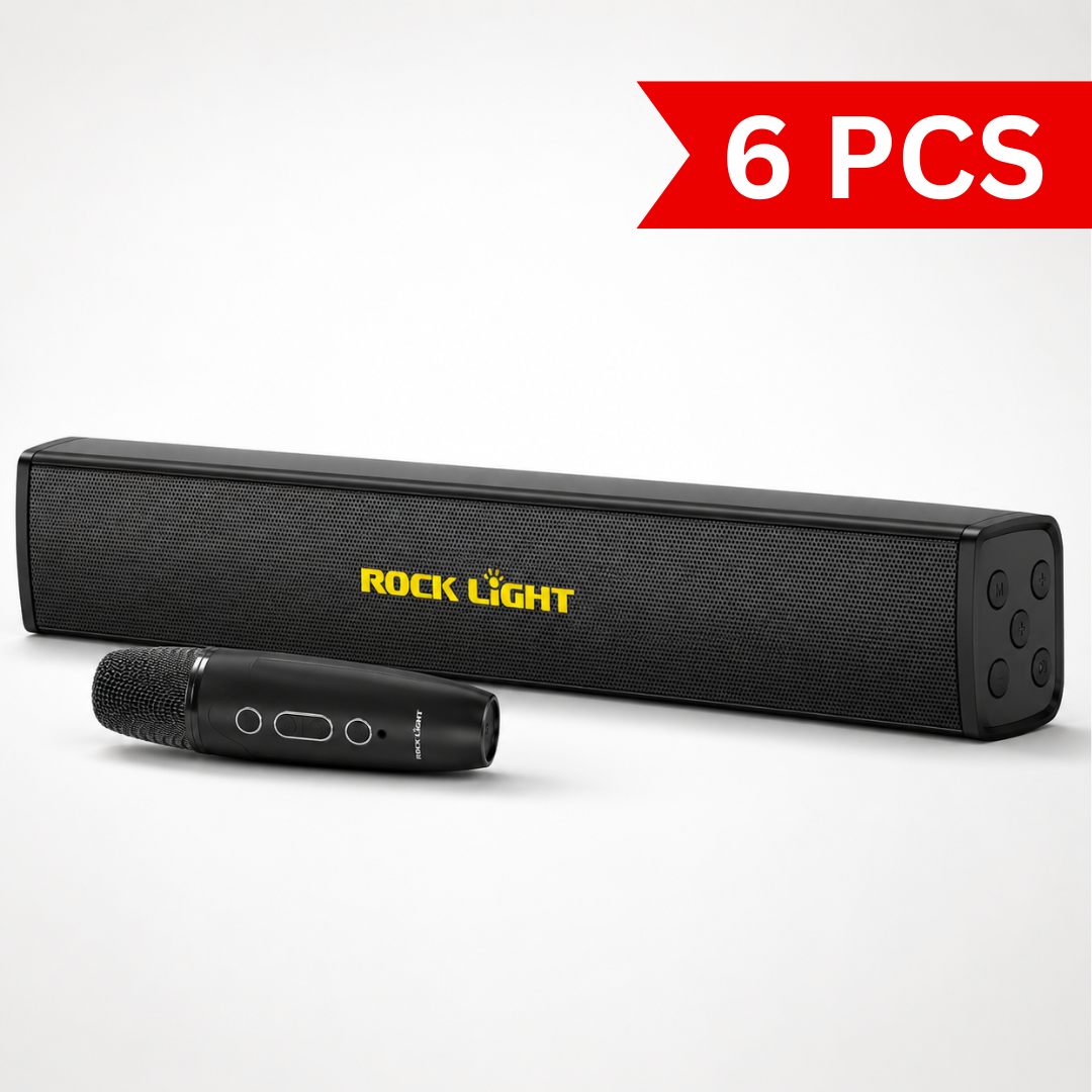 Rock Light Dhune 1 Pro 20W Bluetooth soundbar speaker paired with its wireless microphone on a clean white background, ideal for karaoke, music playback, and home entertainment.