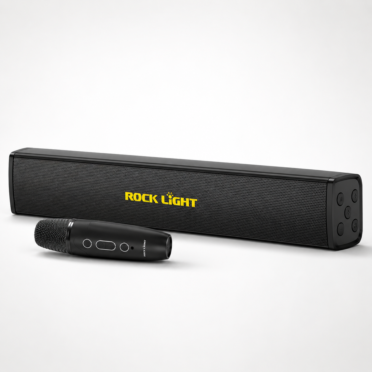 Rock Light Dhune 1 Pro 20W Bluetooth soundbar speaker paired with its wireless microphone on a clean white background, ideal for karaoke, music playback, and home entertainment.