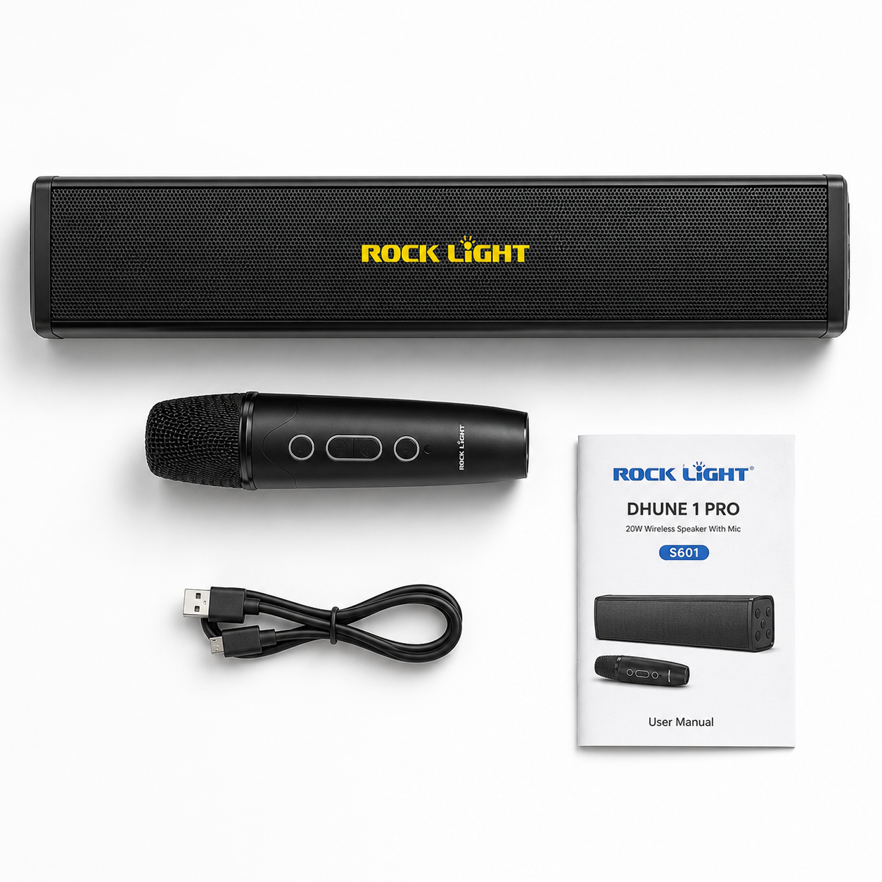 Rock Light Dhune 1 Pro wireless soundbar speaker package contents displayed on a white background, including the 20W Bluetooth soundbar, wireless microphone, USB charging cable, and user manual.