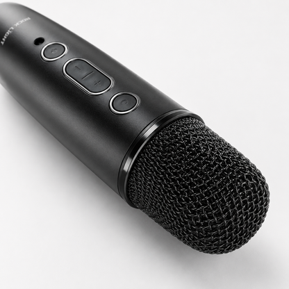 Close-up of the Rock Light wireless karaoke microphone featuring built-in control buttons, durable metal mesh grille, and premium matte black finish for clear voice performance.