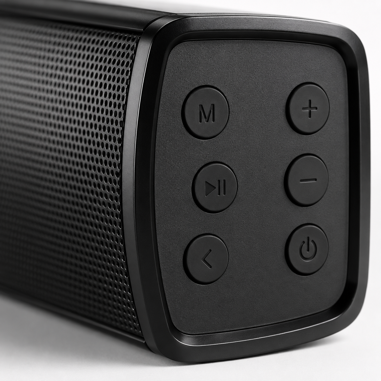 Close-up of the Rock Light Dhune 1 Pro soundbar side control panel with power, mode, play/pause, volume, and track navigation buttons in a sleek black design.