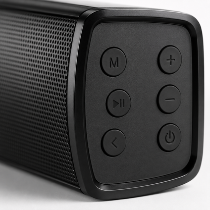 Close-up of the Rock Light Dhune 1 Pro soundbar side control panel with power, mode, play/pause, volume, and track navigation buttons in a sleek black design.