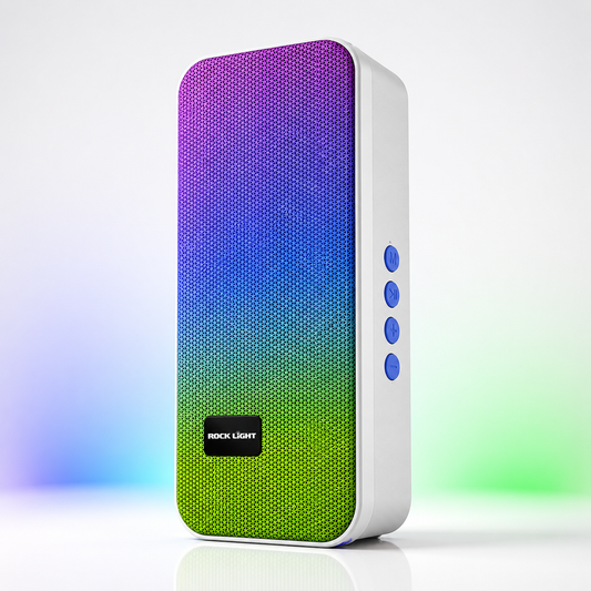 Front three-quarter view of the Rock Light Gleam S536 wireless Bluetooth speaker featuring a colourful purple-to-green fabric grille, white ABS body, compact portable design, and side-mounted control buttons