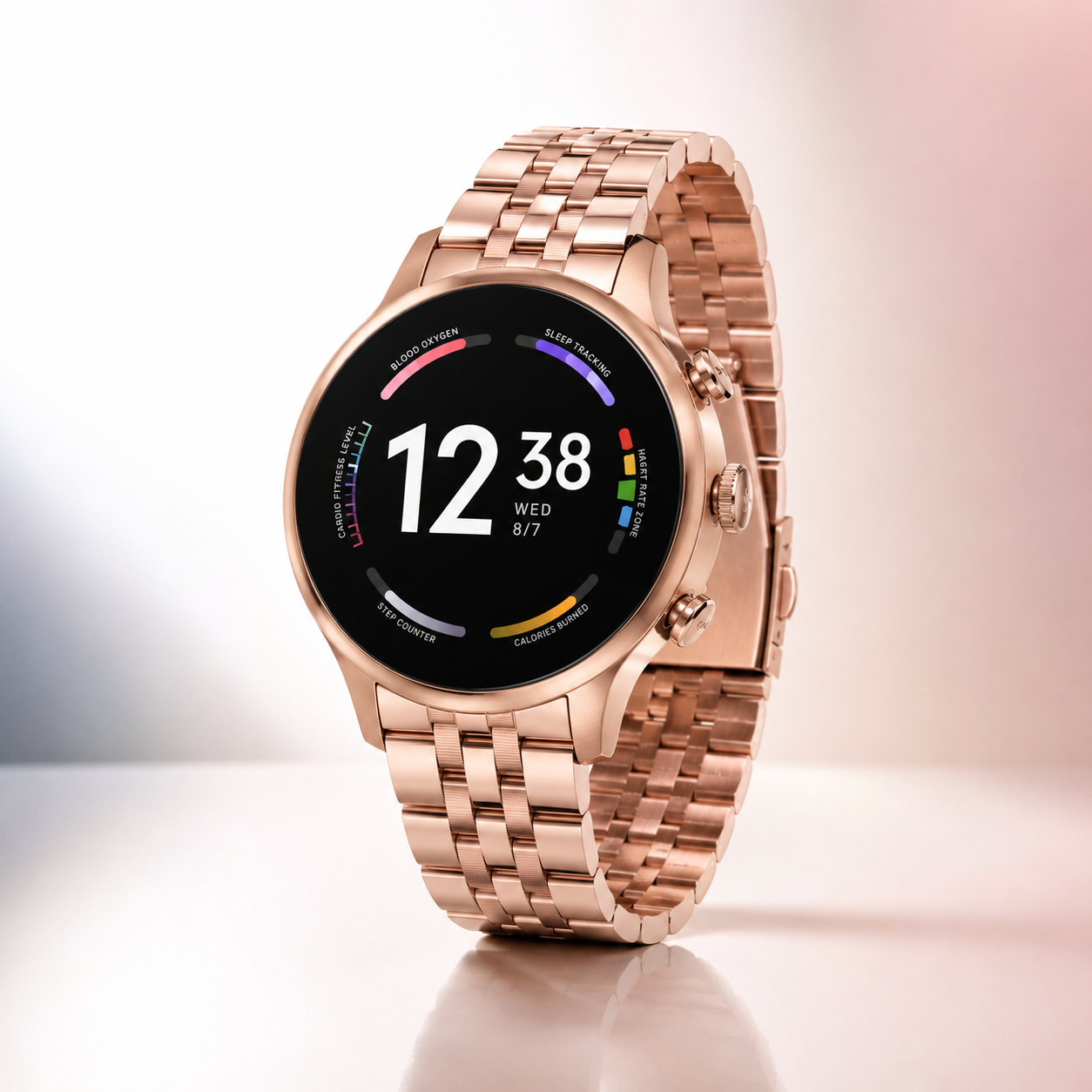 Premium round smartwatch with a rose gold metal strap and full-touch display.