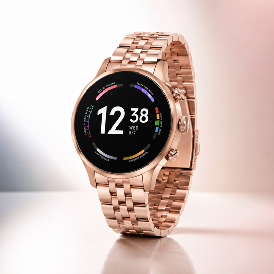 Premium round smartwatch with a rose gold metal strap and full-touch display.