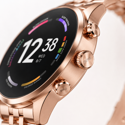 Close-up of the smartwatch's precision side crown and function buttons with a brushed metal finish.