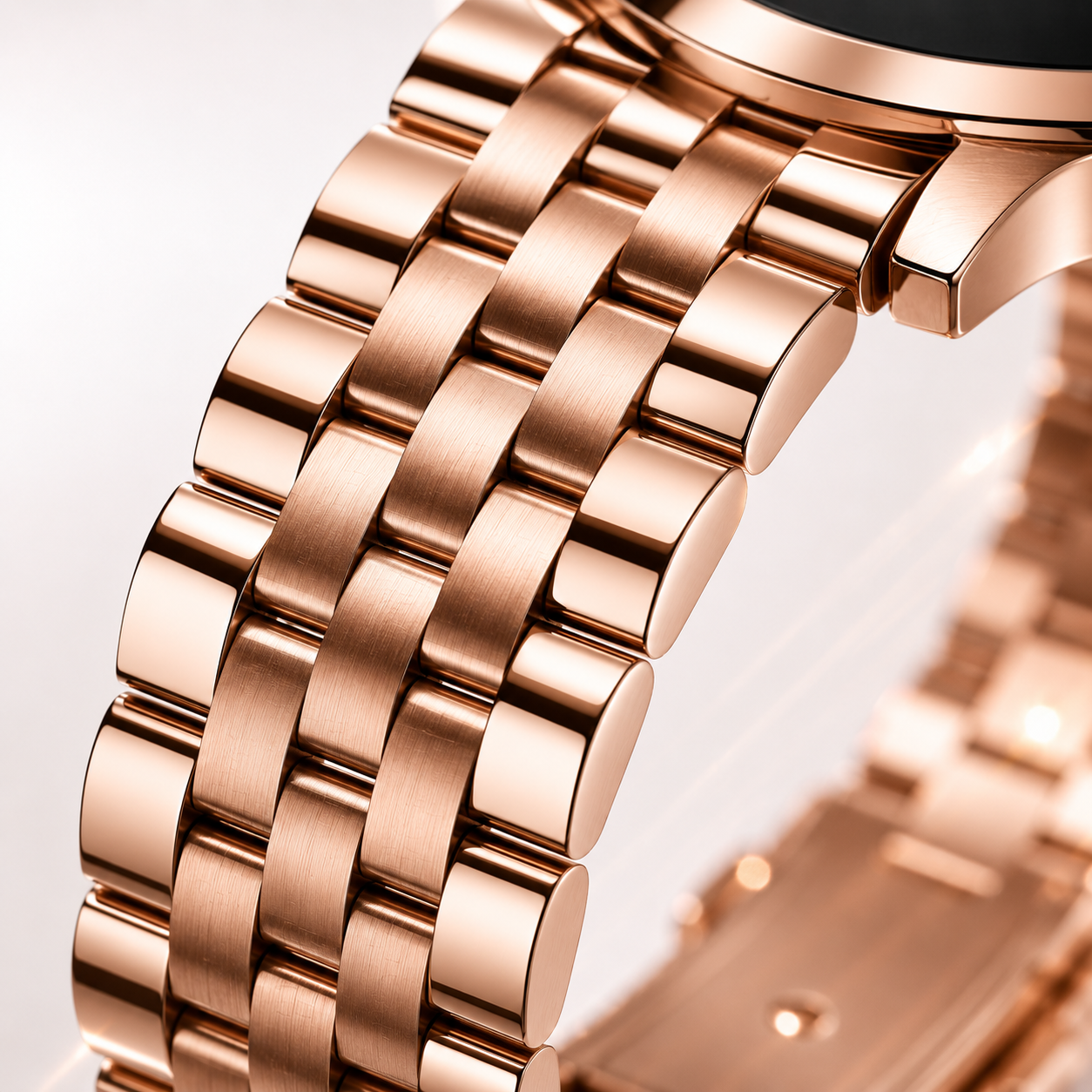 Close-up of the premium rose gold stainless steel metal strap with a polished multi-link design.