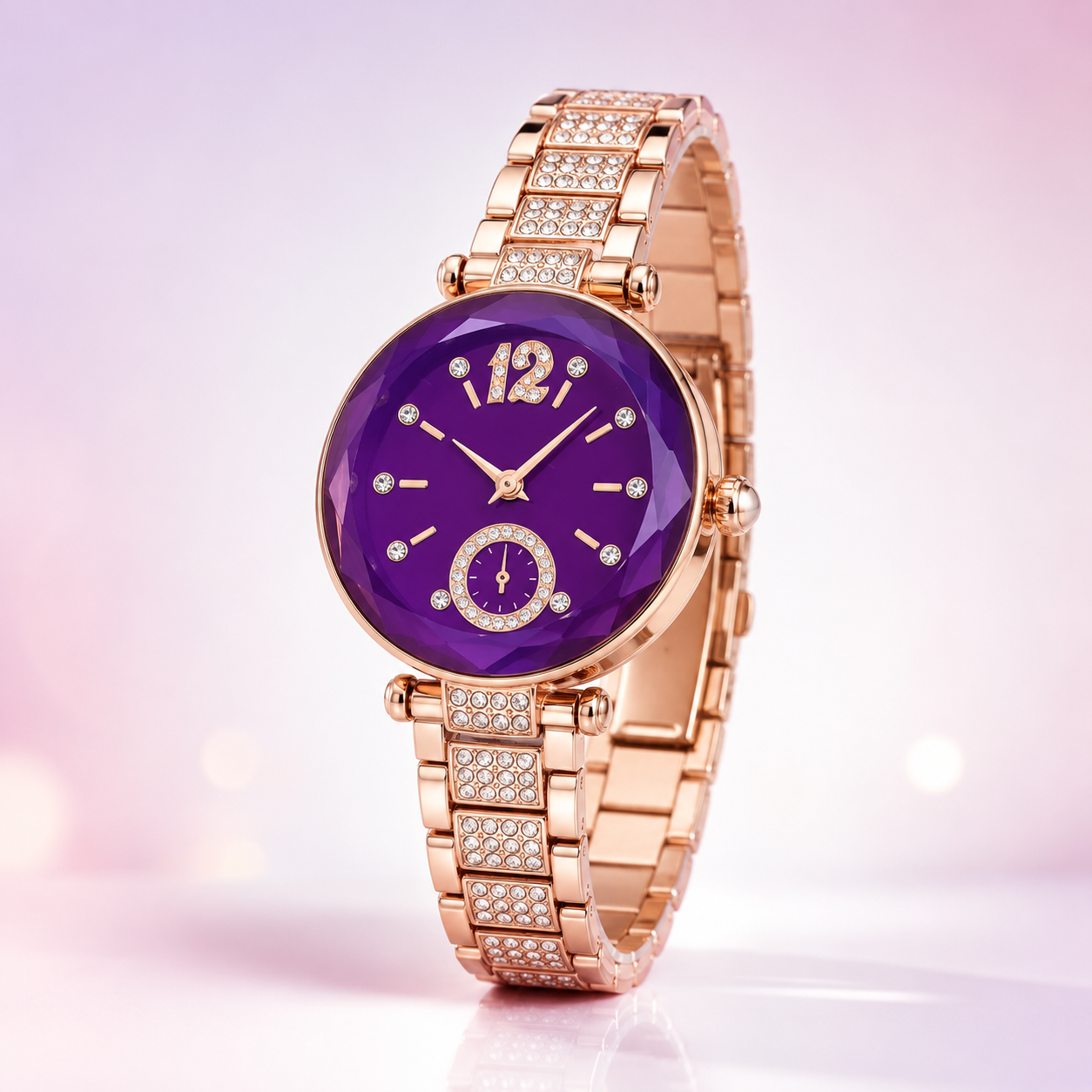 Extreme macro close-up of the rose gold watch crown, polished case, and faceted purple dial, highlighting premium craftsmanship and crystal detailing.