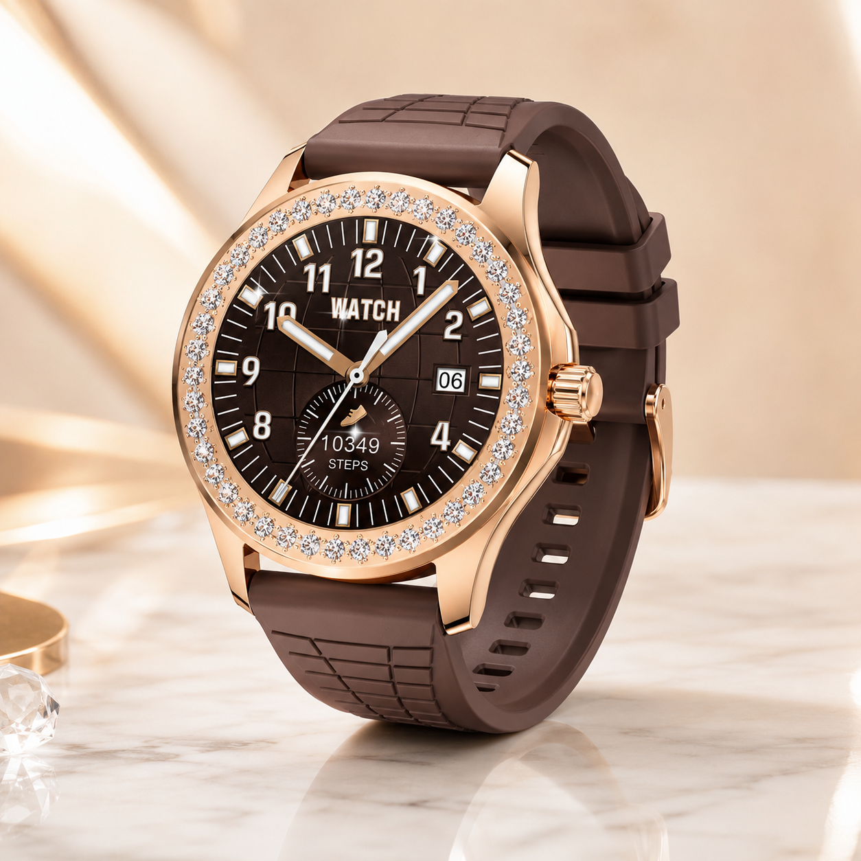 Premium product photography of the luxury round smartwatch with a crystal bezel, brown silicone strap, classic analog-inspired display and polished rose gold finish, displayed on an elegant marble background with warm studio lighting.