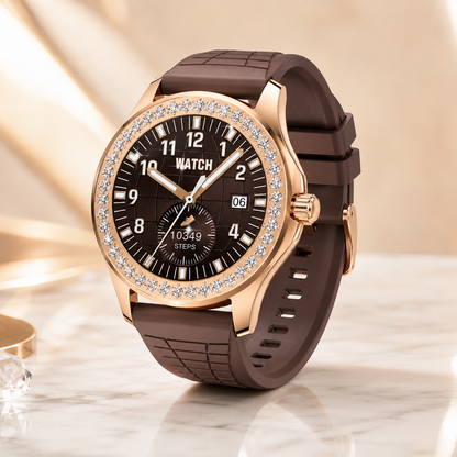 Premium product photography of the luxury round smartwatch with a crystal bezel, brown silicone strap, classic analog-inspired display and polished rose gold finish, displayed on an elegant marble background with warm studio lighting.