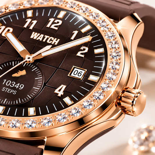 Extreme macro close-up of the crystal-embellished bezel, classic analog-style watch face, polished rose gold case and precision side crown, showcasing premium craftsmanship and elegant detailing.