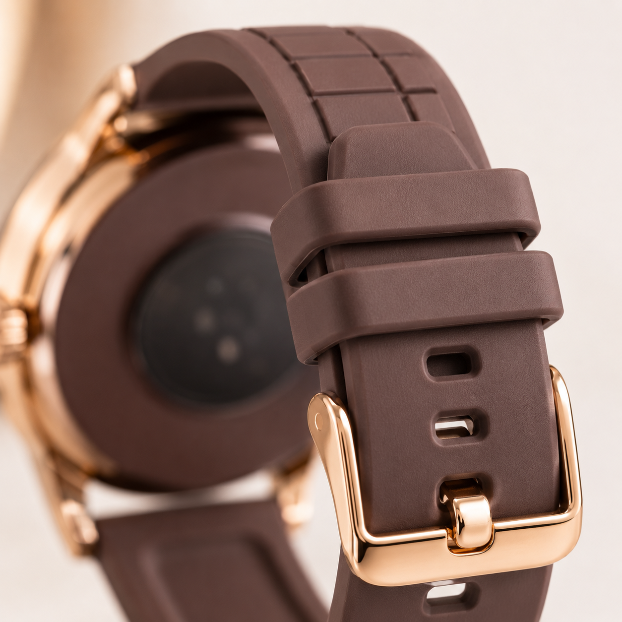 Close-up of the soft brown silicone strap with textured finish, adjustable buckle and comfortable fit, highlighting the durable everyday wear design and premium hardware.