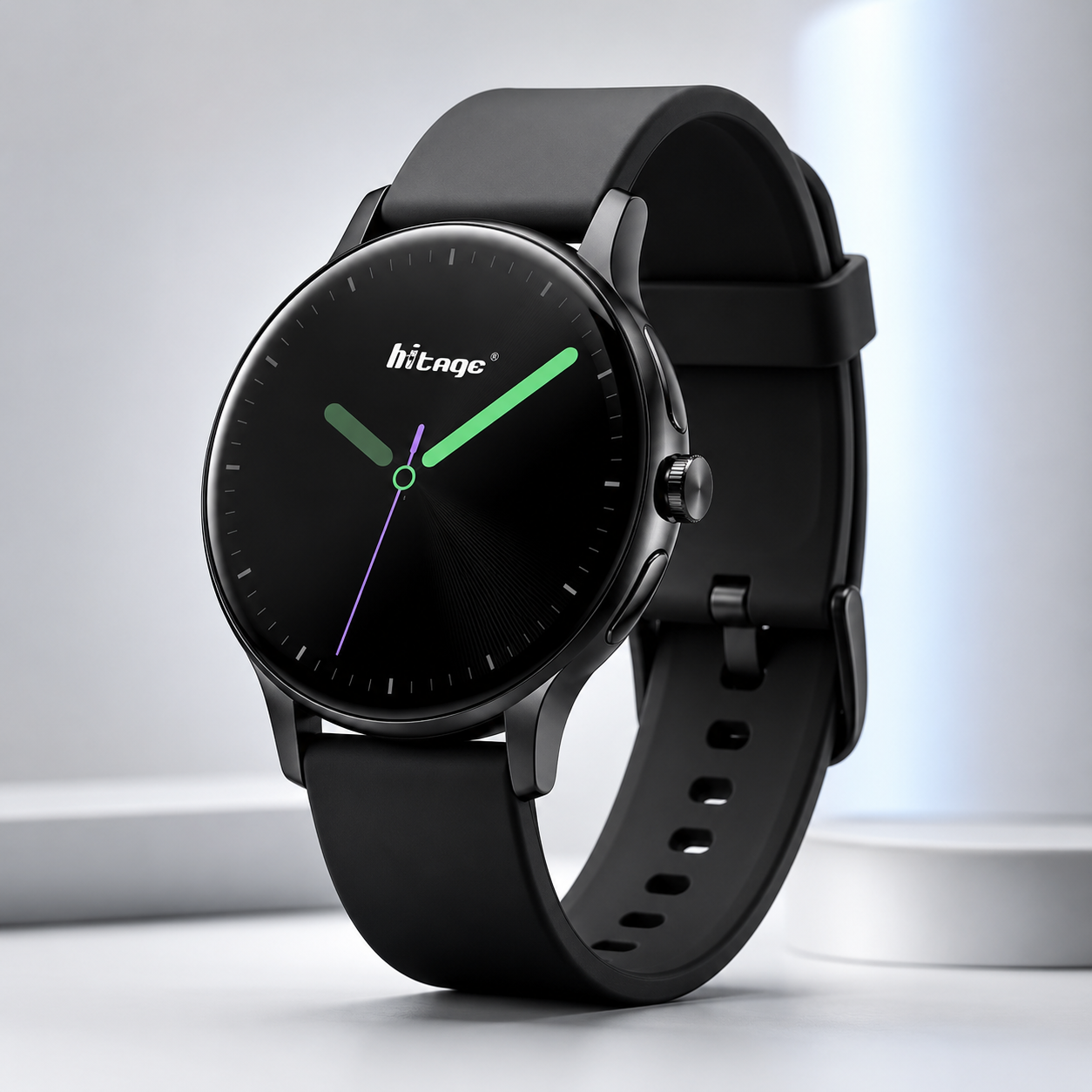 Premium studio product image of a modern black round smartwatch with an edge-to-edge display, slim metal body, rotating crown and soft black silicone strap, displayed upright on a minimalist white background with soft commercial lighting.