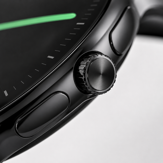 Close-up macro view of the smartwatch's precision rotating crown and side function button, showcasing the premium black metal case with smooth matte finish, seamless curved display edge and refined machining details