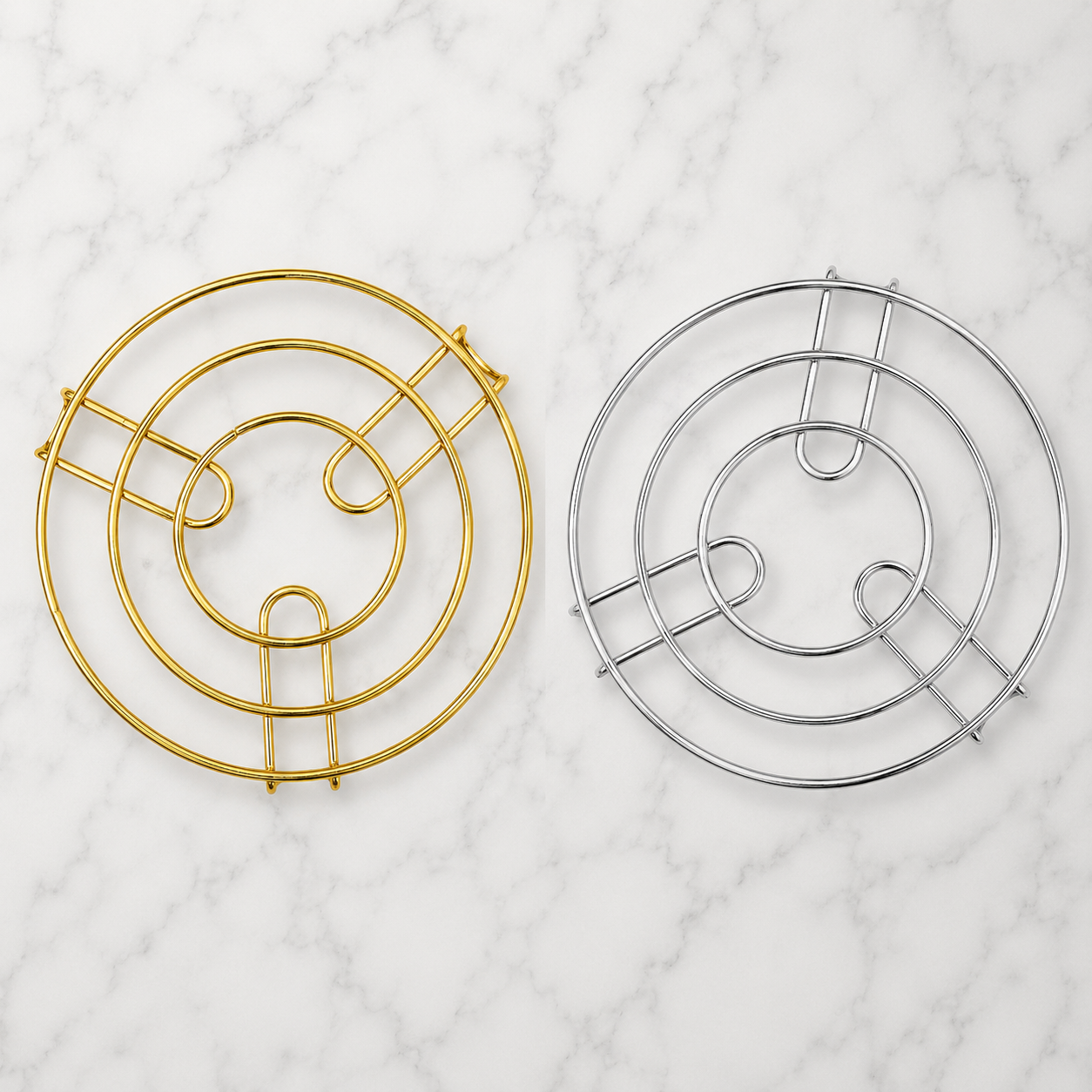 Round Metal Kitchen Trivet Stand available in gold and silver finishes, premium wire pot stand for hot dishes, cookware, and kitchen table protection.