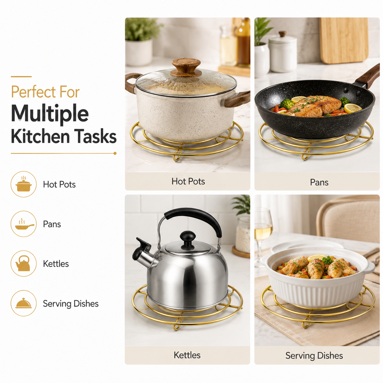 Round Metal Kitchen Trivet Stand supporting hot pots, frying pans, kettles, and serving dishes on a countertop, gold wire heat-resistant kitchen stand.