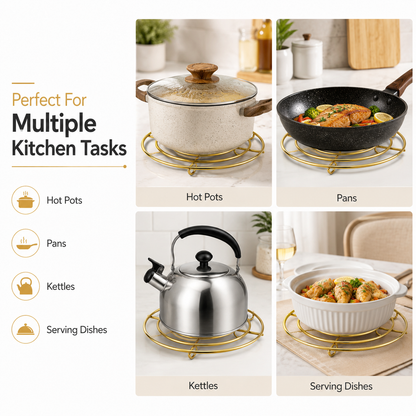 Round Metal Kitchen Trivet Stand supporting hot pots, frying pans, kettles, and serving dishes on a countertop, gold wire heat-resistant kitchen stand.