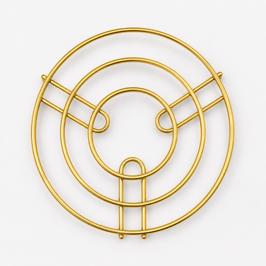Gold Round Metal Kitchen Trivet Stand with circular wire design, durable hot pot stand for protecting dining tables and kitchen countertops.