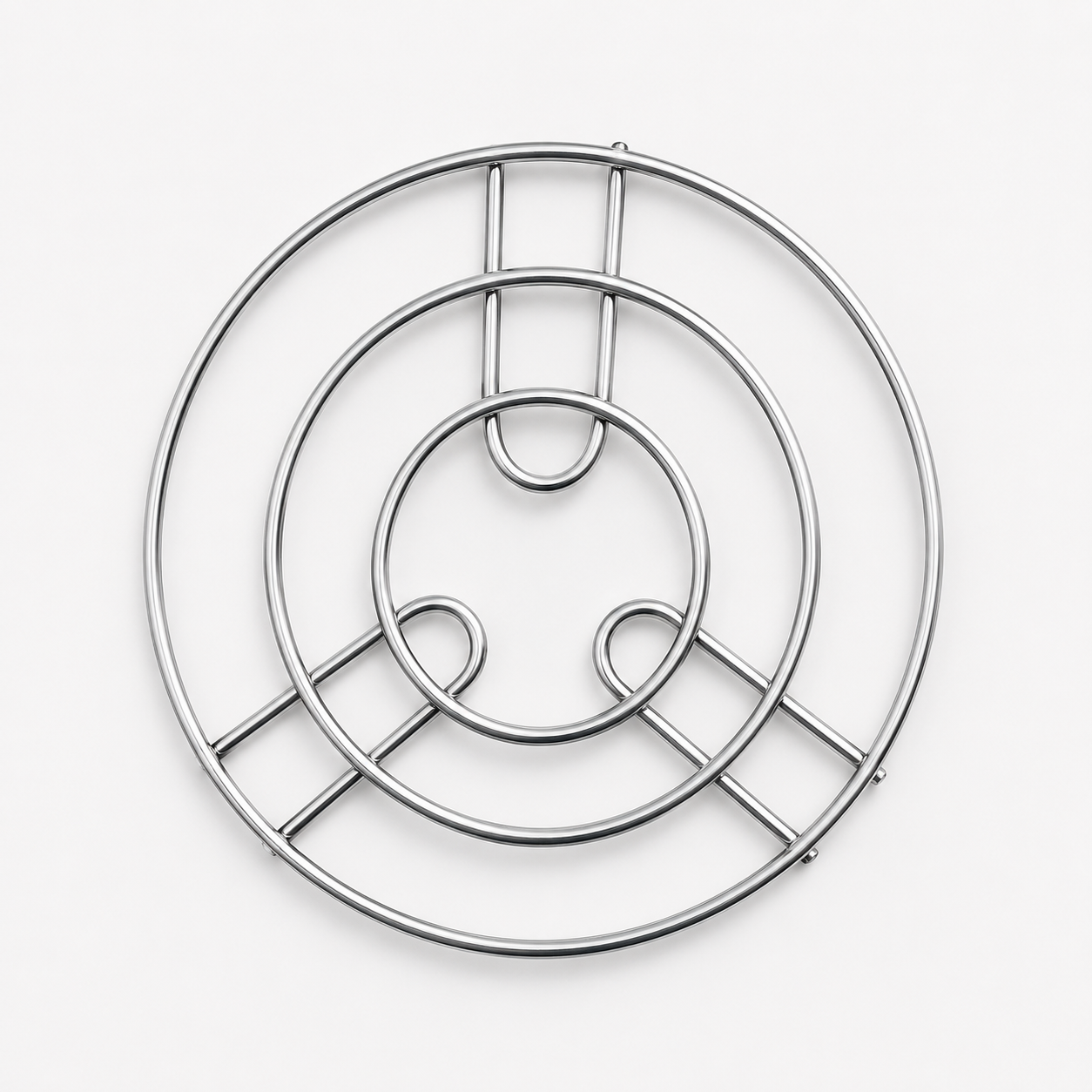 Silver Round Metal Kitchen Trivet Stand featuring sturdy metal wire construction for hot cookware, pans, kettles, and serving bowls.