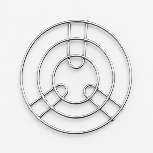 Silver Round Metal Kitchen Trivet Stand featuring sturdy metal wire construction for hot cookware, pans, kettles, and serving bowls.