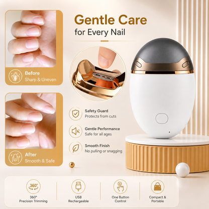 Premium promotional infographic of a USB rechargeable electric nail clipper with a white and rose gold finish.