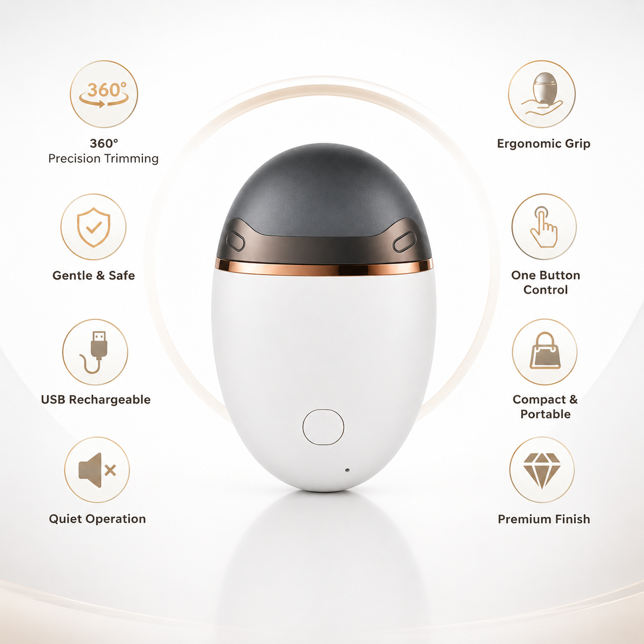 Feature icons surround the product, highlighting 360° precision trimming, gentle and safe operation, USB rechargeable battery, quiet operation, ergonomic grip, one-button control, compact portable design, and premium finish.