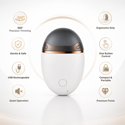 Feature icons surround the product, highlighting 360° precision trimming, gentle and safe operation, USB rechargeable battery, quiet operation, ergonomic grip, one-button control, compact portable design, and premium finish.