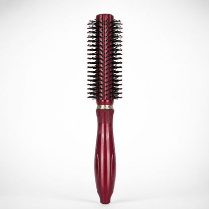 Round barrel hair styling brush with red handle and ventilated bristles for blow dry styling