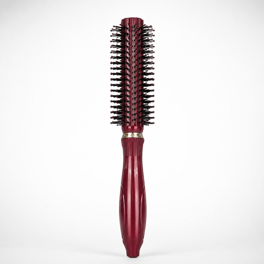 Round barrel hair styling brush with red handle and ventilated bristles for blow dry styling