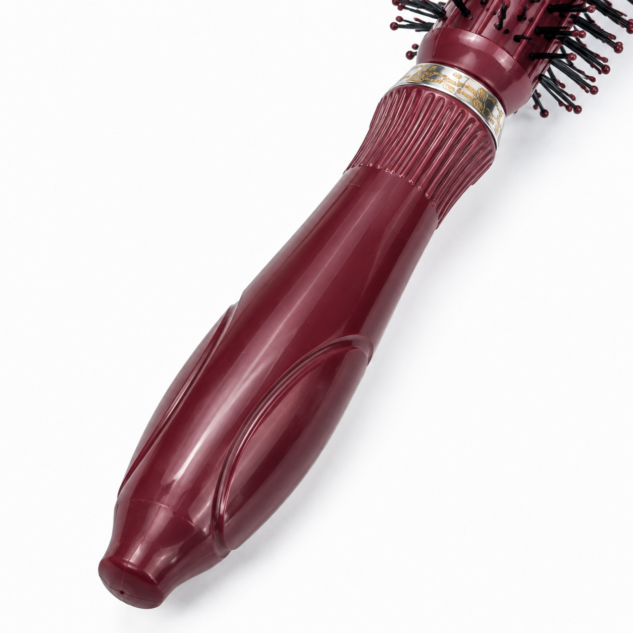 Ergonomic red handle design of professional round barrel hair styling brush