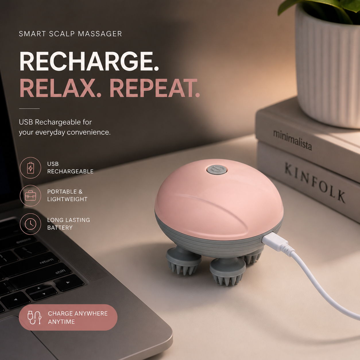 Scalp Ease Pro USB rechargeable scalp massager cordless portable head massager long battery use
