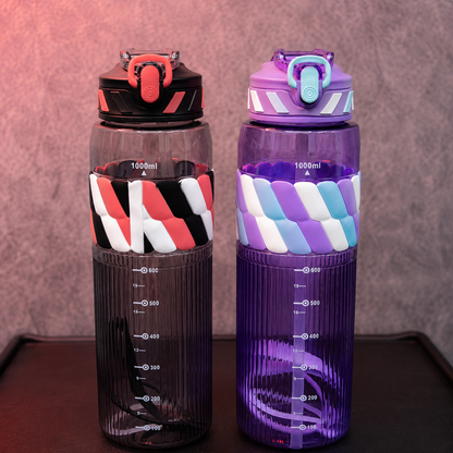 Silicone Grip Gym Water Bottle 1000ml available in purple and black red colors, leakproof fitness water bottle with silicone grip sleeve and straw