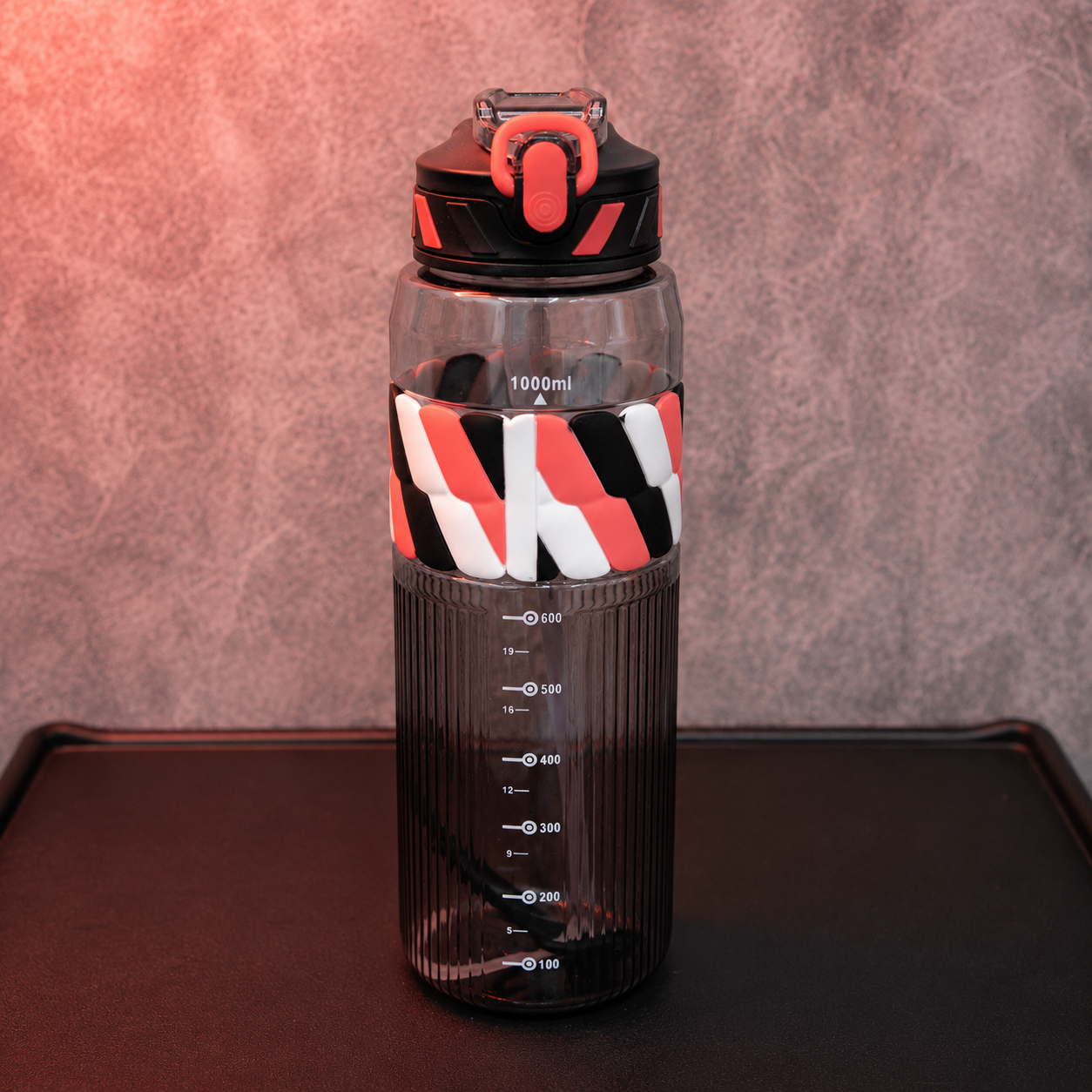 Silicone Grip Gym Water Bottle 1000ml black and red workout water bottle with straw, leakproof locking lid, silicone grip band, reusable sports bottle