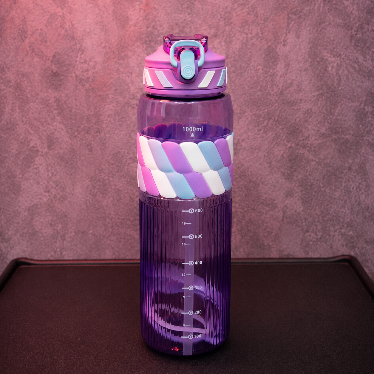 Silicone Grip Gym Water Bottle 1000ml purple sports water bottle with leakproof flip lid, carry handle, silicone grip sleeve, reusable fitness hydration bottle