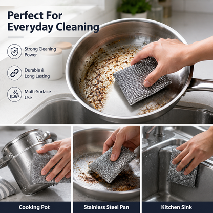 Reusable silver wire kitchen cleaning cloth removing burnt grease and food residue from a stainless steel frying pan, cooking pot and kitchen sink, demonstrating multipurpose everyday cleaning.