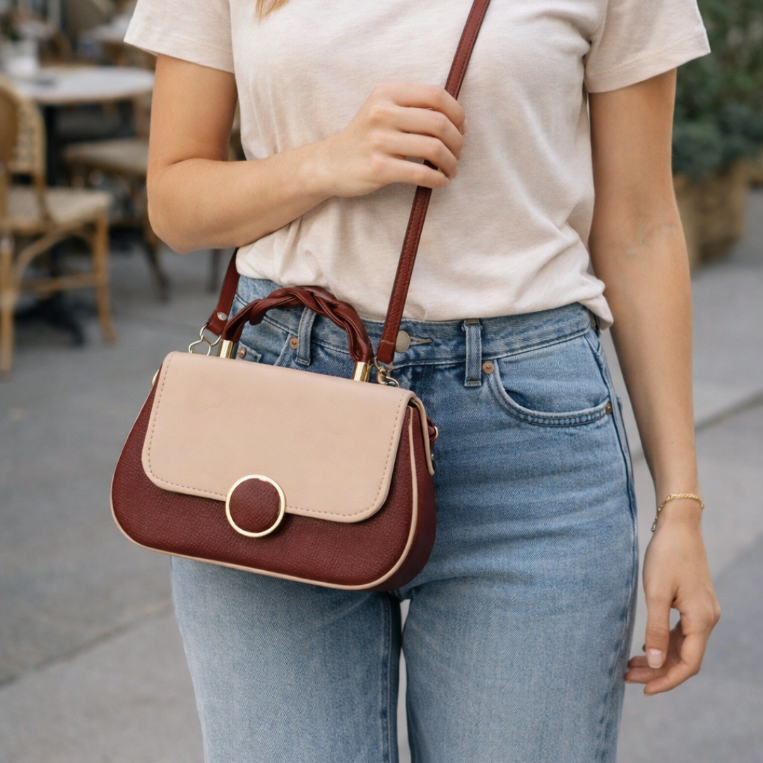 Two-tone maroon and beige crossbody sling bag worn with casual outfit, featuring braided top handle and flap closure.