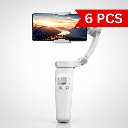 Portable 3-axis smartphone stabilizer holding a mobile phone in landscape orientation for smooth video recording, content creation, travel and vlogging.