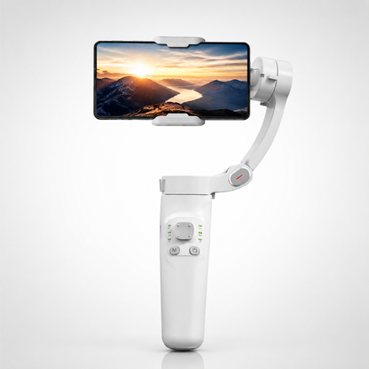Portable 3-axis smartphone stabilizer holding a mobile phone in landscape orientation for smooth video recording, content creation, travel and vlogging.